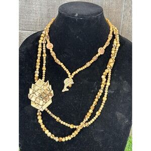 Vintage Boho Tribal Necklace Lot 2pc Beaded Ceramic Style Fish Pendant